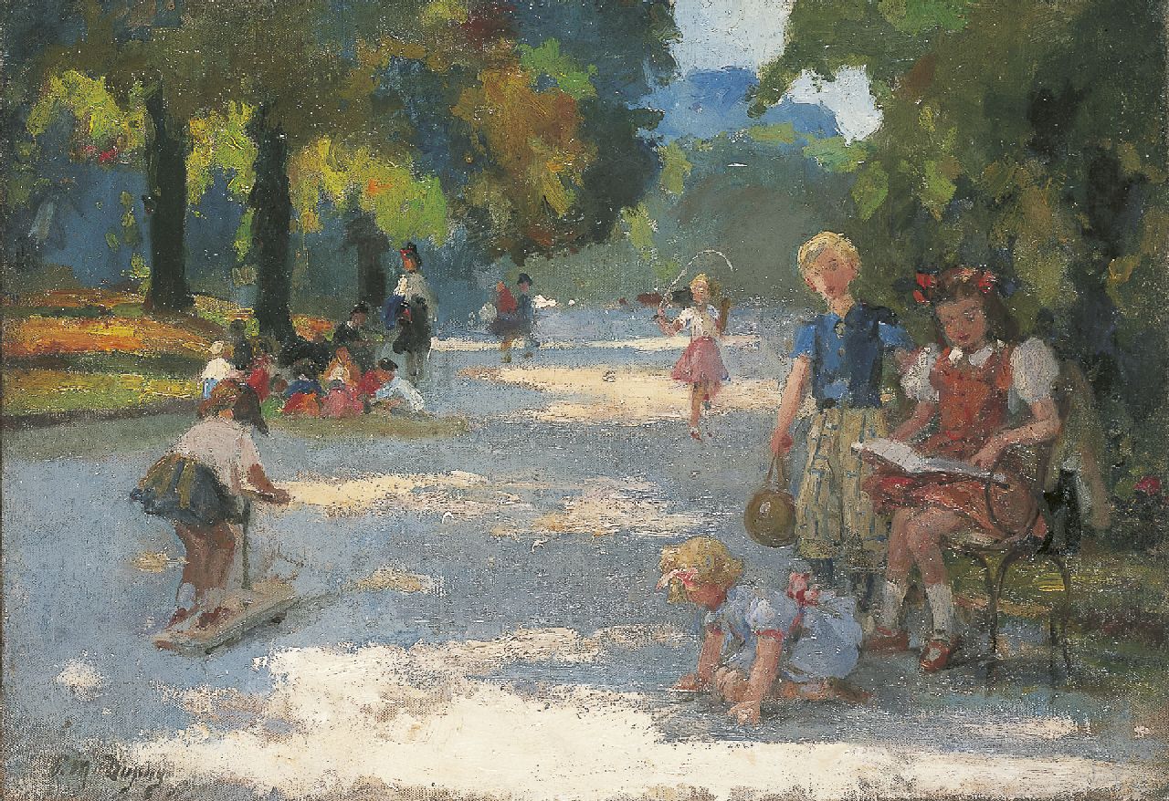 Dupuy P.M.  | Paul Michel Dupuy, Spelende kinderen in, Parc Monçeau Parijs, olieverf op doek 38,1 x 55,3 cm, gesigneerd linksonder
