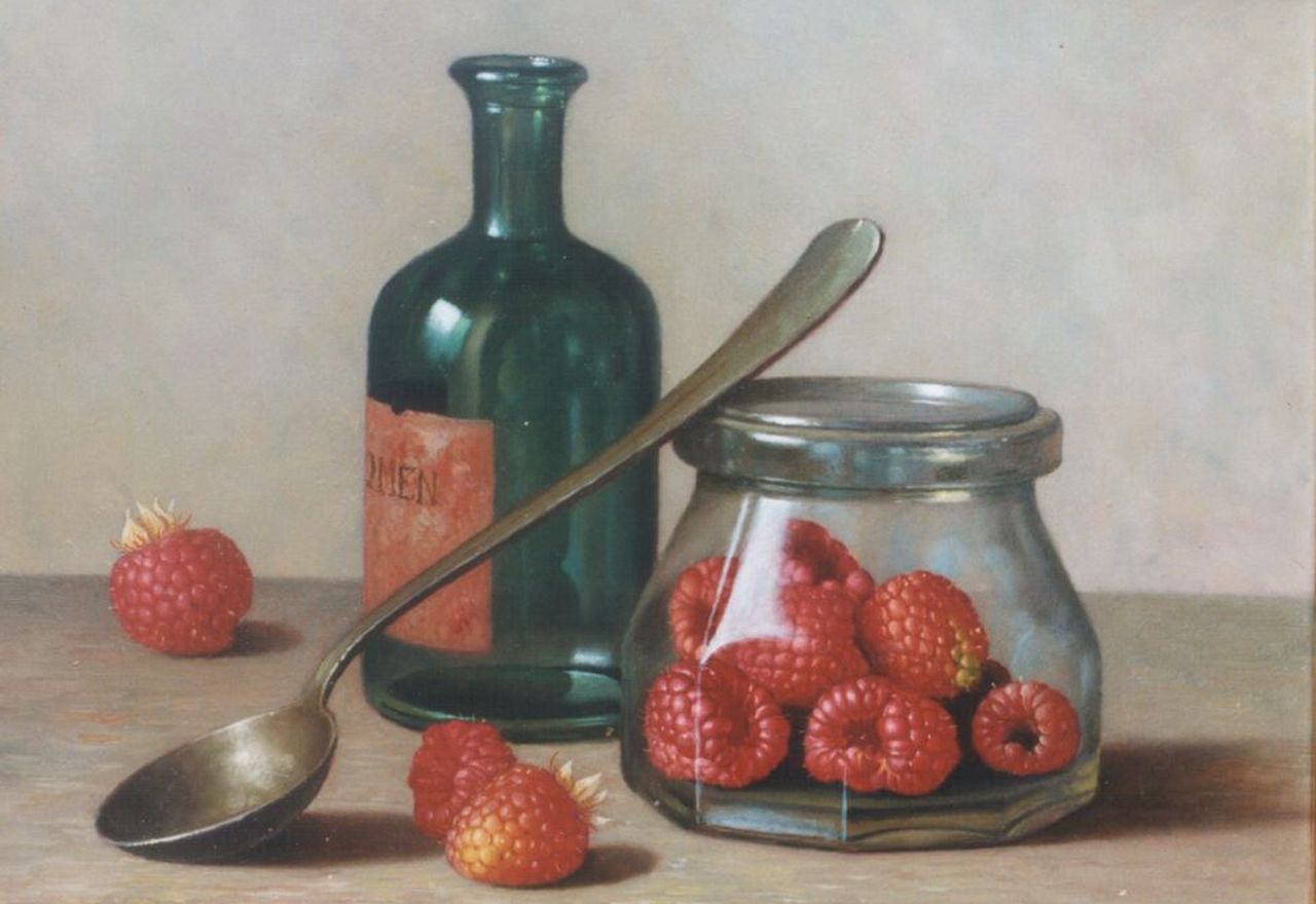 Bubarnik G.  | Gyula Bubarnik, Frambozen in glazen potje, koper 18,0 x 24,0 cm, gesigneerd rechtsonder