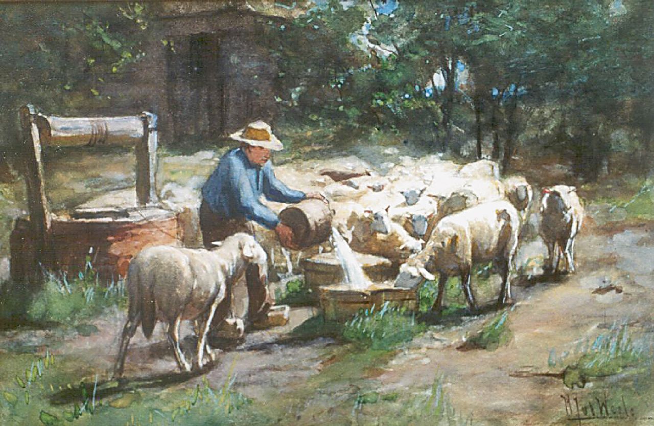 Weele H.J. van der | 'Herman' Johannes van der Weele, Schapen met herder bij een waterput, aquarel op papier 29,0 x 43,0 cm, gesigneerd rechtsonder