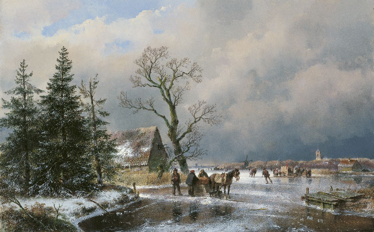 Schelfhout A.  | Andreas Schelfhout, Schaatsvolk en trekslede op een bevroren vaart, olieverf op paneel 52,2 x 83,0 cm, gesigneerd rechtsonder en gedateerd 1869