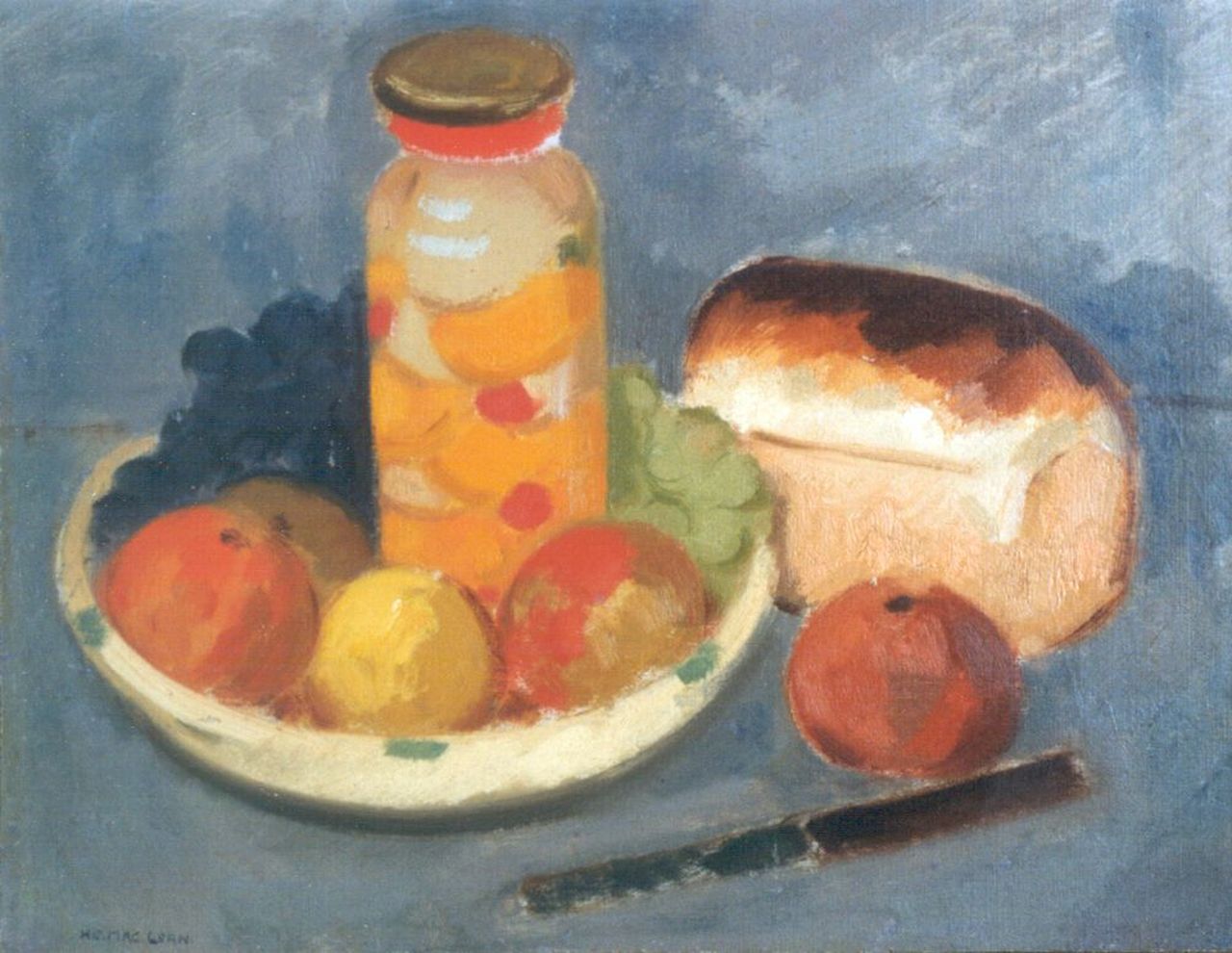 Maclean H.C.  | Henrich Carl 'Henri' Maclean, Fruitstilleven met brood en mes, olieverf op doek 35,5 x 45,6 cm, gesigneerd linksonder