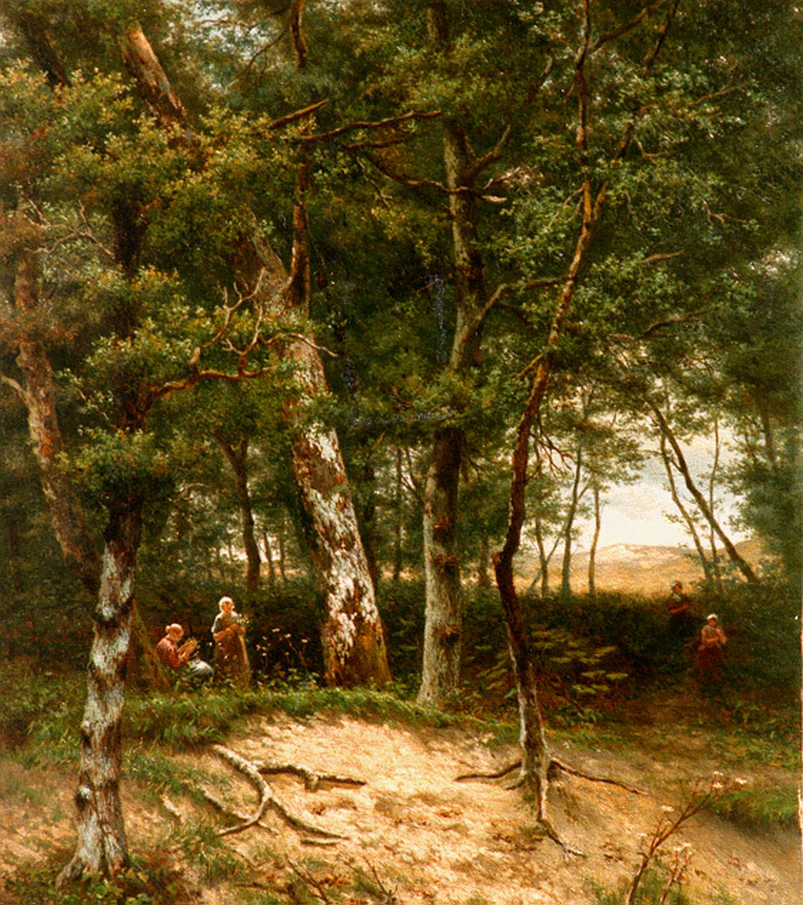 Pieterse G.  | Gijsbertus Pieterse, Bloemenpluksters in het bos, olieverf op doek 58,0 x 70,0 cm, gesigneerd rechtsonder