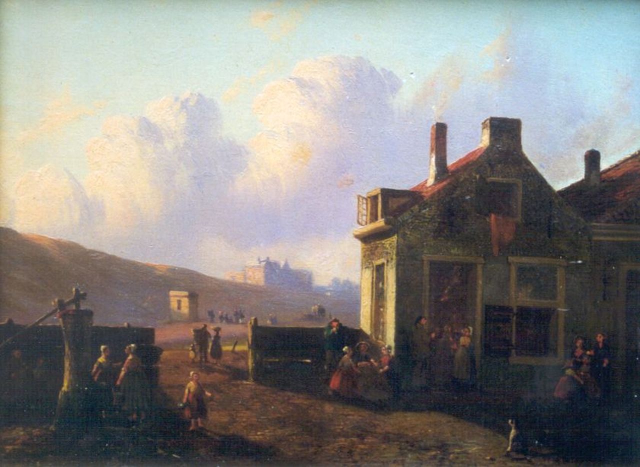 Bles J.  | Joseph Bles, Vissersvolk in een dorp achter de duinen, olieverf op paneel 19,2 x 26,4 cm, gesigneerd rechtsonder