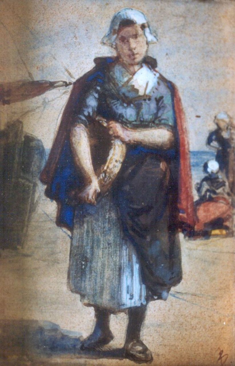 Blommers B.J.  | Bernardus Johannes Blommers, Visverkoopster op het strand, aquarel en gouache op papier 9,2 x 6,5 cm, gesigneerd rechtsonder met initialen