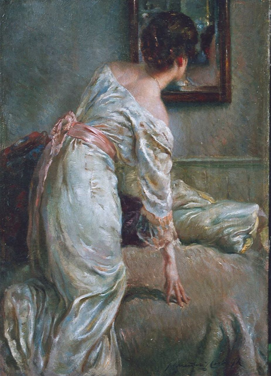 Schreuder van de Coolwijk J.H.W.M.  | 'Jan' Hendrik Willem Maurits Schreuder van de Coolwijk, Voor de spiegel, olieverf op doek 35,3 x 25,1 cm, gesigneerd rechtsonder