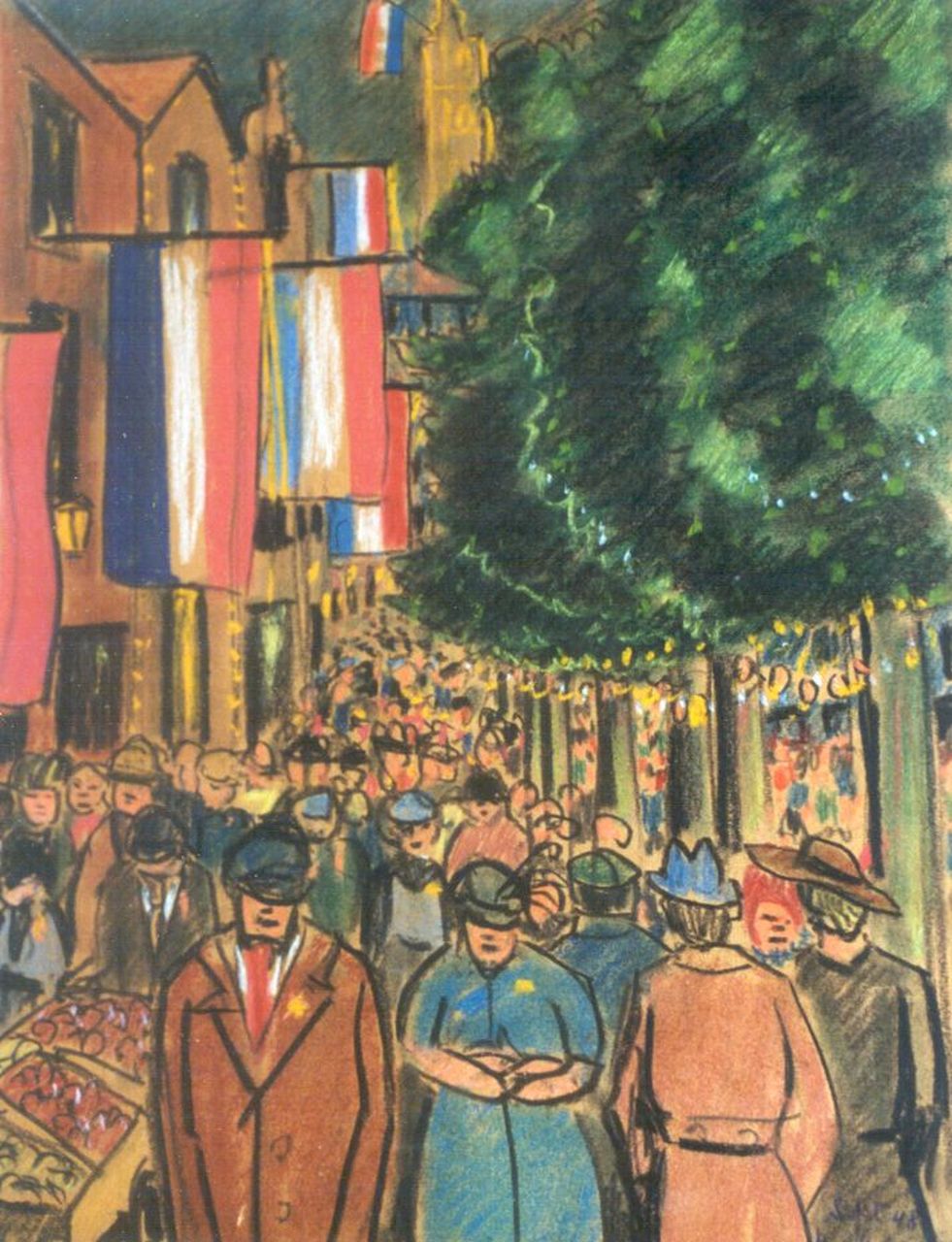 Lokhorst W.F.  | Willem Frederik 'Bob' Lokhorst, Kroningsfeest Amsterdam, 1948, gekleurd krijt op papier 32,4 x 24,9 cm, gesigneerd rechtsonder en gedateerd sept. '48