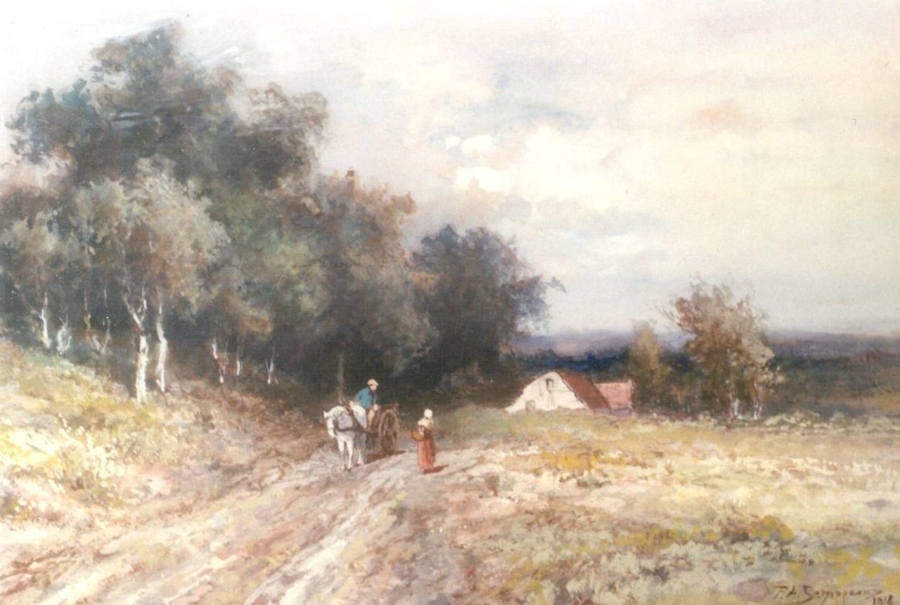 Schipperus P.A.  | Pieter Adrianus 'Piet' Schipperus, Boerenfiguren op een landweg, aquarel op papier 23,3 x 34,5 cm, gesigneerd rechtsonder en gedateerd 1918