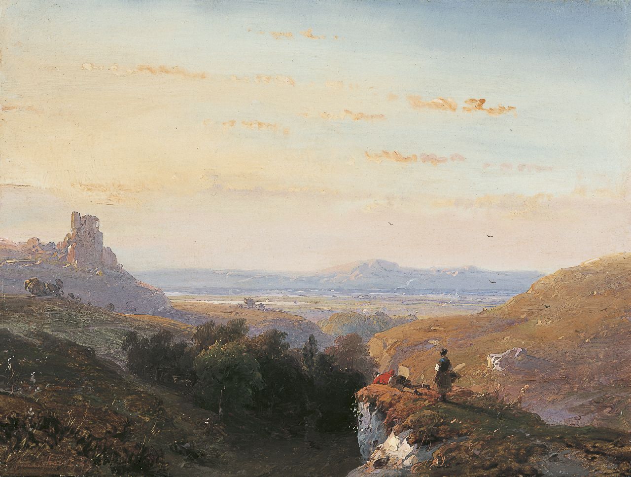 Schelfhout A.  | Andreas Schelfhout, Landvolk aan de rand van een rotskloof in weids landschap, olieverf op paneel 21,5 x 28,8 cm, gesigneerd linksonder en gedateerd '49