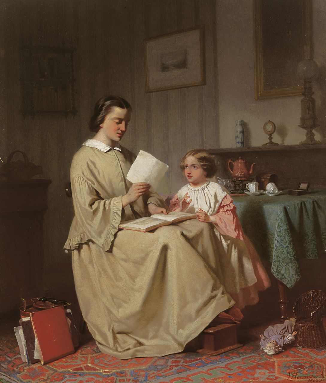 Hoevenaar W.P.  | Willem Pieter Hoevenaar, Moeder leest voor, olieverf op paneel 54,6 x 46,3 cm, gesigneerd rechtsonder en gedateerd 1862