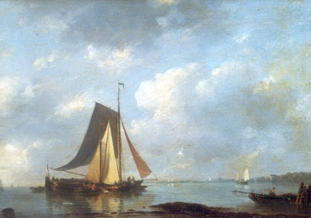 Stok J. van der | Jacobus van der Stok, Zeilschepen voor de kust (gesign. A. Schelfhout), olieverf op paneel 20,4 x 27,9 cm, gesigneerd linksonder