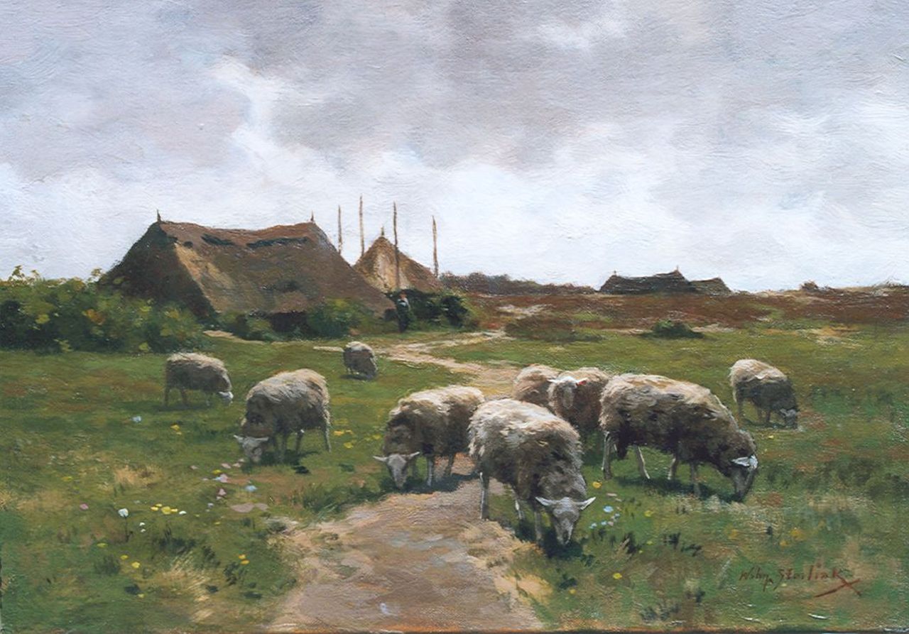 Steelink jr. W.  | Willem Steelink jr., Grazende schapen aan de rand van de hei, olieverf op doek 26,6 x 38,0 cm, gesigneerd rechtsonder
