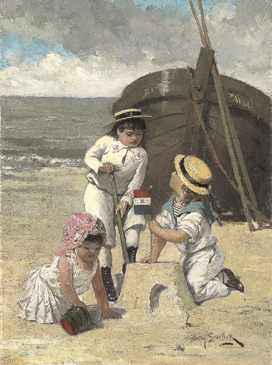 Steelink jr. W.  | Willem Steelink jr., Spelende kinderen met een zandkasteel, olieverf op doek 28,3 x 20,9 cm, gesigneerd rechtsonder