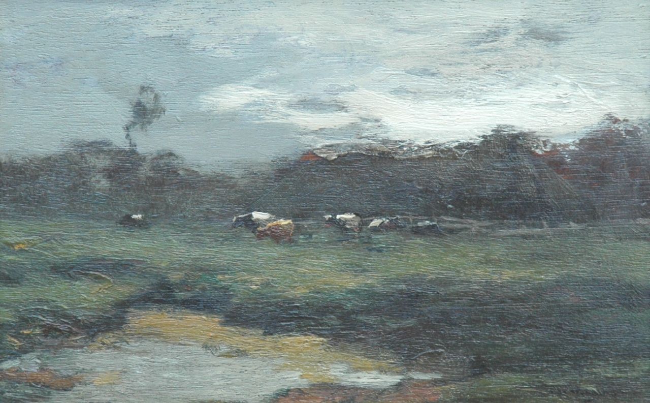 Wenning IJ.H.  | IJpe Heerke 'Ype' Wenning, Weidelandschap met vee, olieverf op paneel 13,9 x 21,2 cm, gesigneerd rechtsonder
