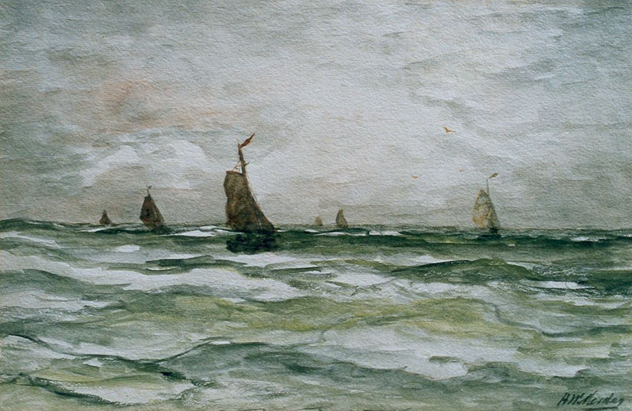 Mesdag H.W.  | Hendrik Willem Mesdag, Bomschuiten op volle zee, aquarel op papier 28,7 x 43,5 cm, gesigneerd rechtsonder