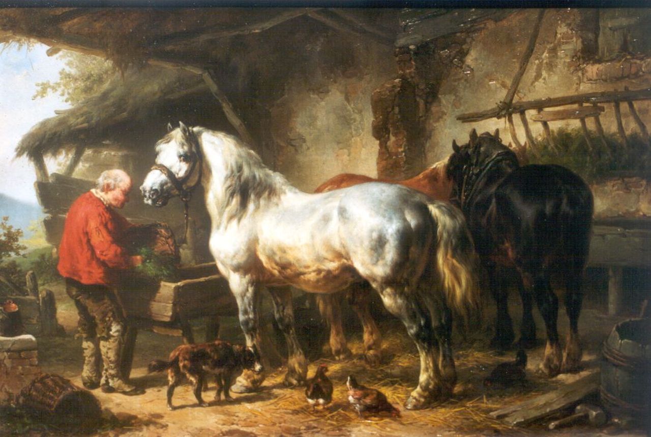 Verschuur W.  | Wouterus Verschuur, Paarden bij de trog, olieverf op paneel 27,3 x 40,2 cm, gesigneerd linksonder