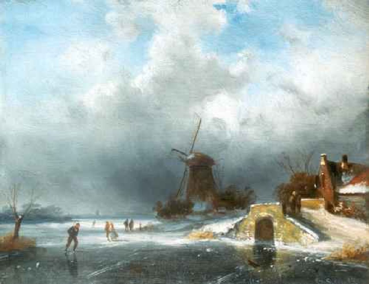 Leickert C.H.J.  | 'Charles' Henri Joseph Leickert, IJspret bij een molen, olieverf op paneel 17,5 x 22,3 cm, gesigneerd rechtsonder