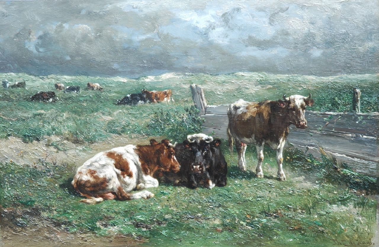 Haas J.H.L. de | Johannes Hubertus Leonardus de Haas, Rustend vee in de wei, olieverf op paneel 31,3 x 47,1 cm, gesigneerd rechtsonder