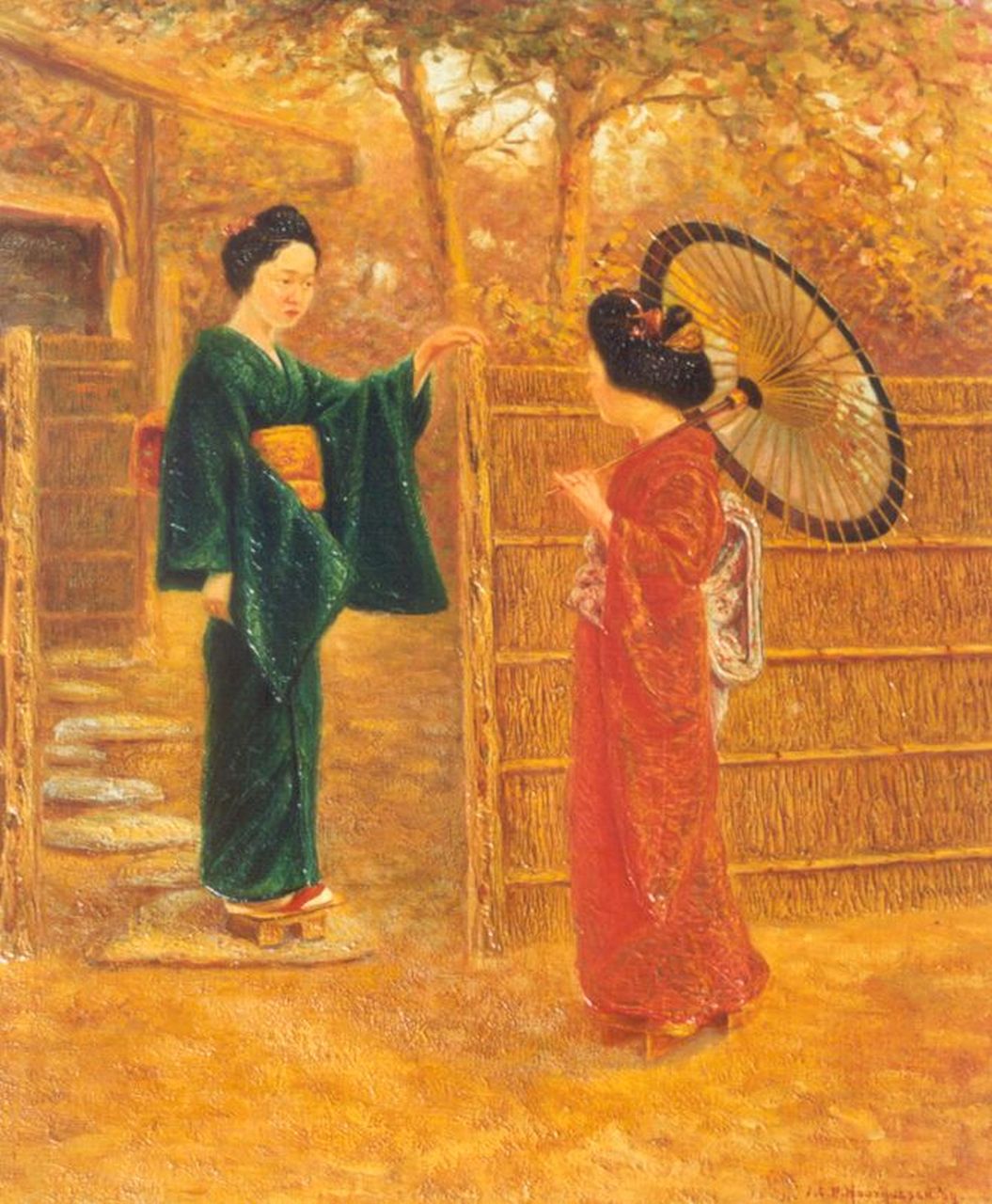 J.C.P. Houthuesen | Geisha's, olieverf op doek, 40,3 x 33,5 cm, gesigneerd r.o.