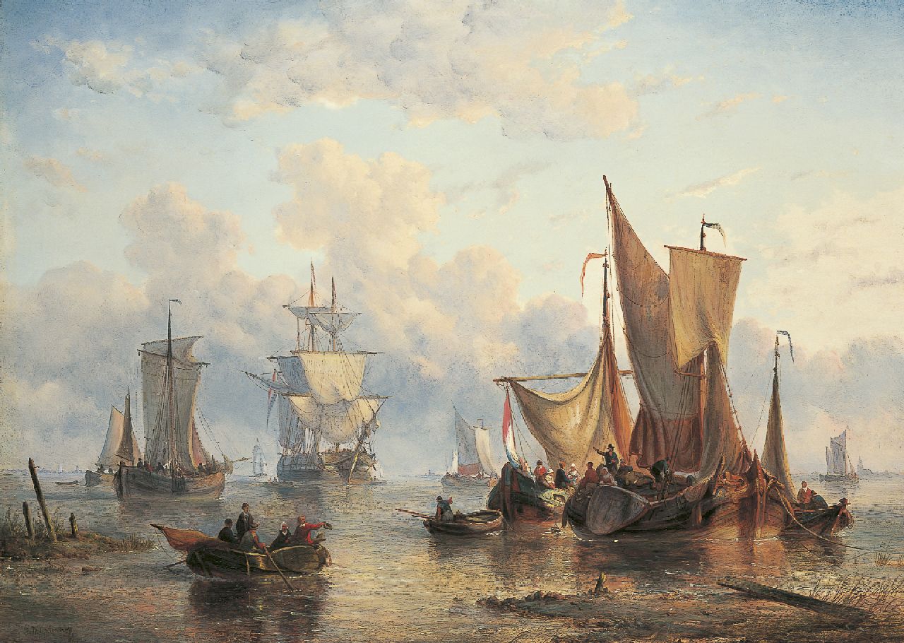 Opdenhoff G.W.  | Witzel 'George Willem' Opdenhoff, Afgemeerde platbodems bij haveningang, olieverf op doek 70,8 x 97,9 cm, gesigneerd linksonder