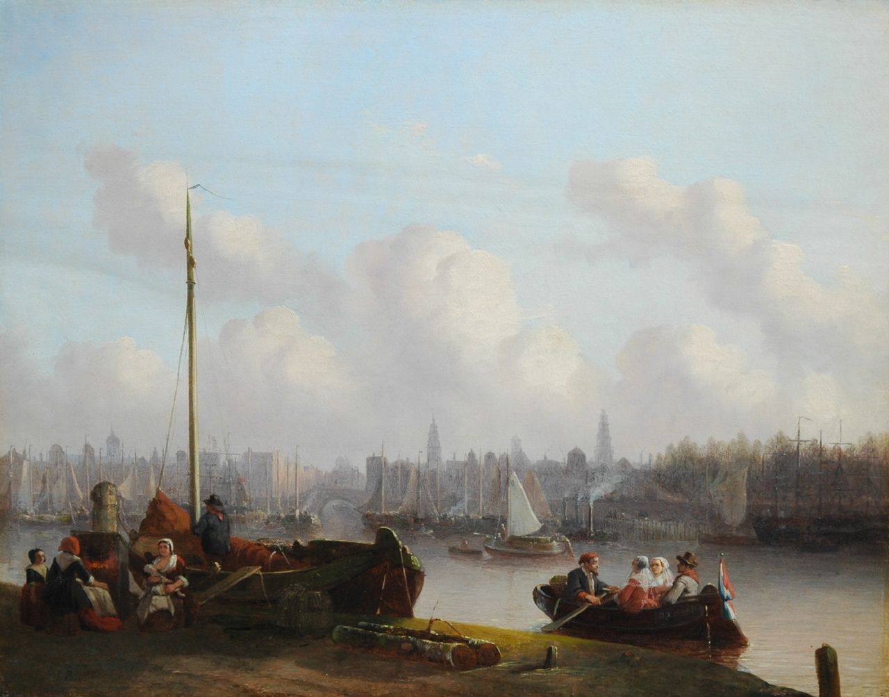 Bles J.  | Joseph Bles, Langs de kade, Antwerpen, olieverf op paneel 44,1 x 56,4 cm, gesigneerd linksonder en gedateerd 18.4 (1854?)