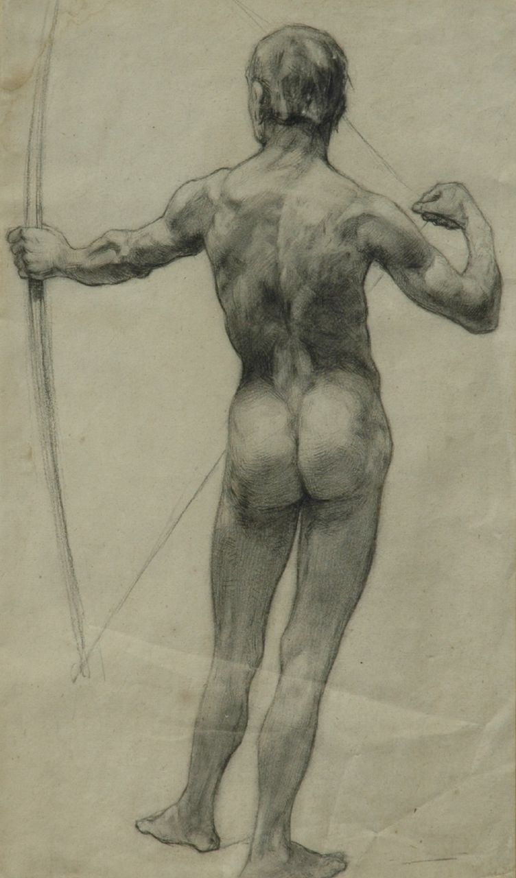 Onbekend 20e eeuw (1e helft)  | Onbekend | Aquarellen en tekeningen te koop aangeboden | Naaktstudie van man, op de rug gezien i.o., houtskool en krijt op papier 52,0 x 17,0 cm