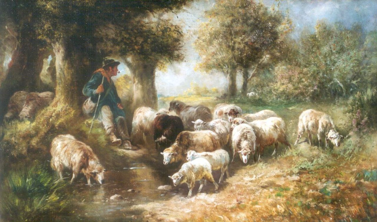 Schouten H.  | Henry Schouten, Schapen en herder, olieverf op doek 65,0 x 100,0 cm