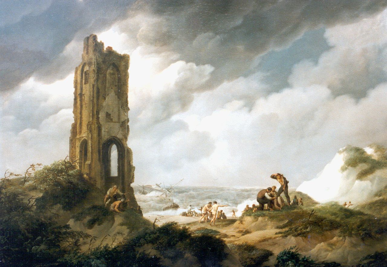 Koekkoek J.H.  | Johannes Hermanus Koekkoek, Schipbreuk bij de Zeeuwse kust, olieverf op paneel 41,5 x 56,4 cm, gesigneerd linksonder