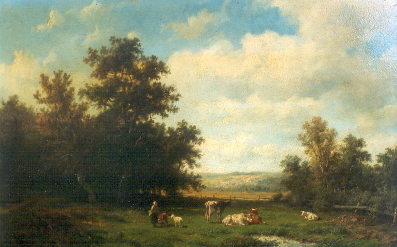 Wijngaerdt A.J. van | Anthonie Jacobus van Wijngaerdt, Bij het vee in de wei, olieverf op paneel 23,2 x 36,0 cm