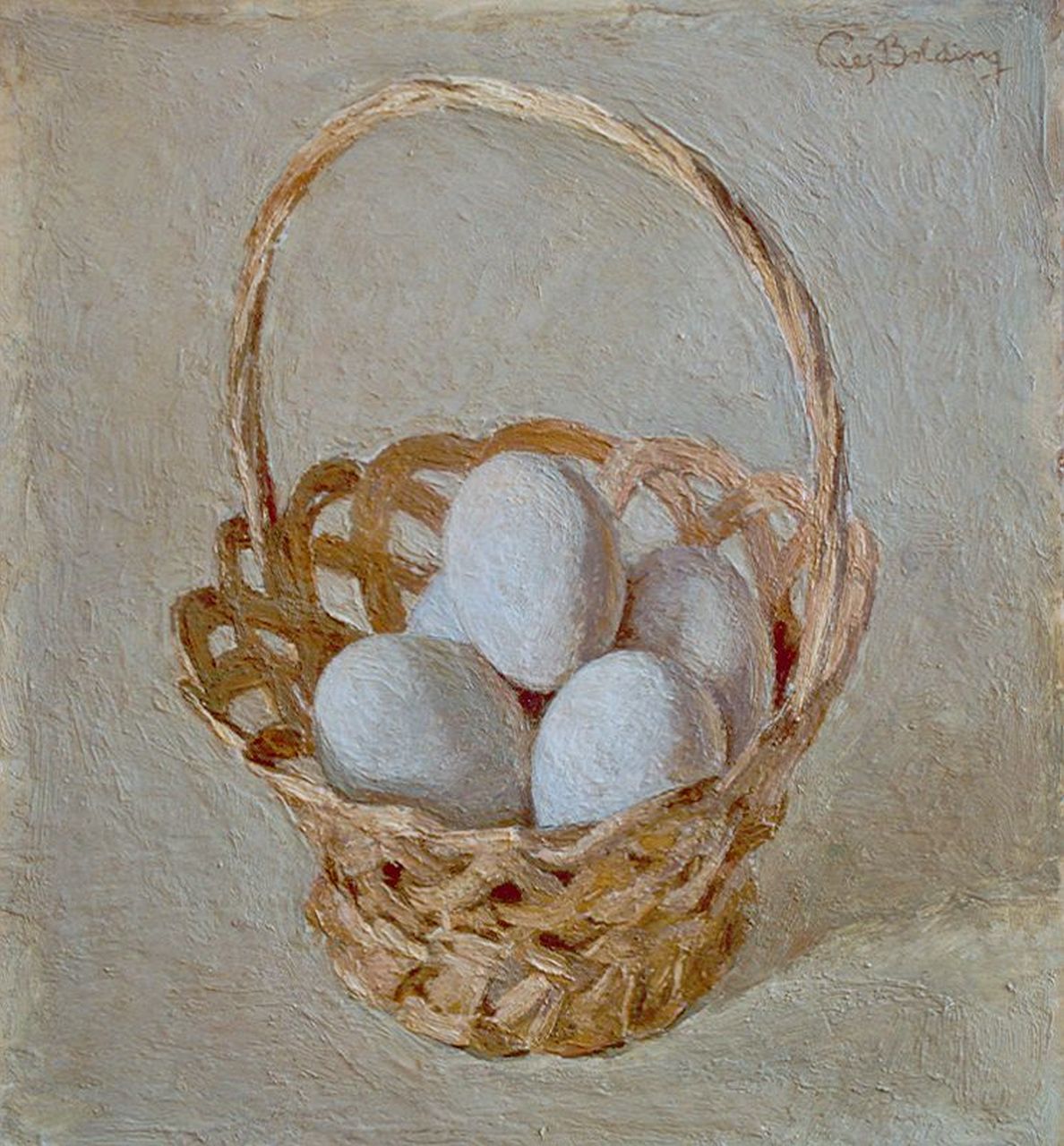 Bolding C.  | Cornelis 'Cees' Bolding, Gevlochten mandje met eieren, olieverf op paneel 28,3 x 25,6 cm, gesigneerd rechtsboven