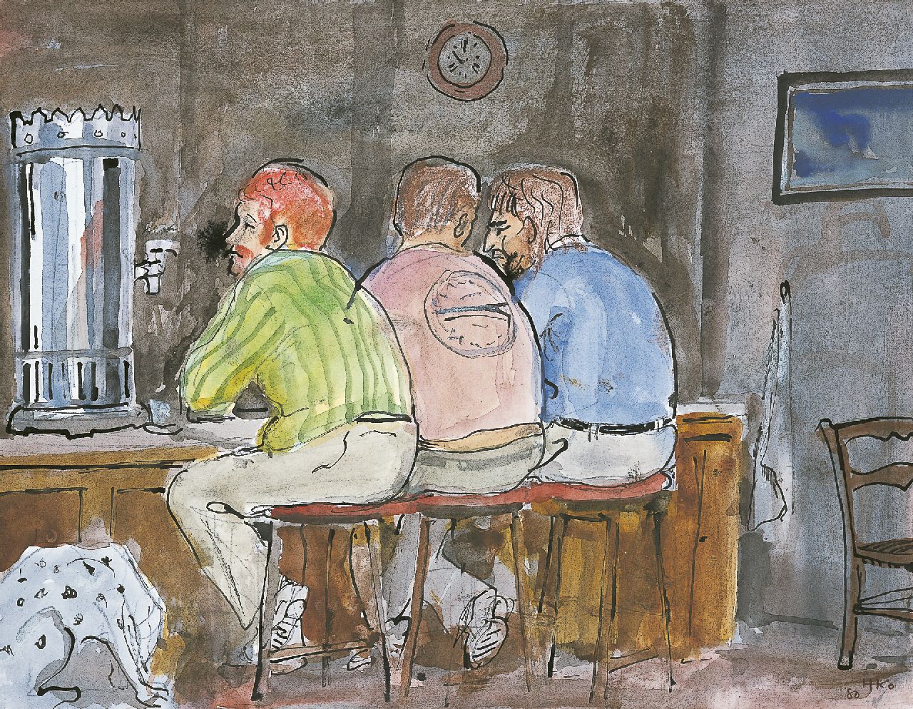 Kamerlingh Onnes H.H.  | 'Harm' Henrick Kamerlingh Onnes, Aan de bar, Oost-Indische inkt en aquarel op papier 23,5 x 31,0 cm, gesigneerd rechtsonder met monogram en gedateerd '80