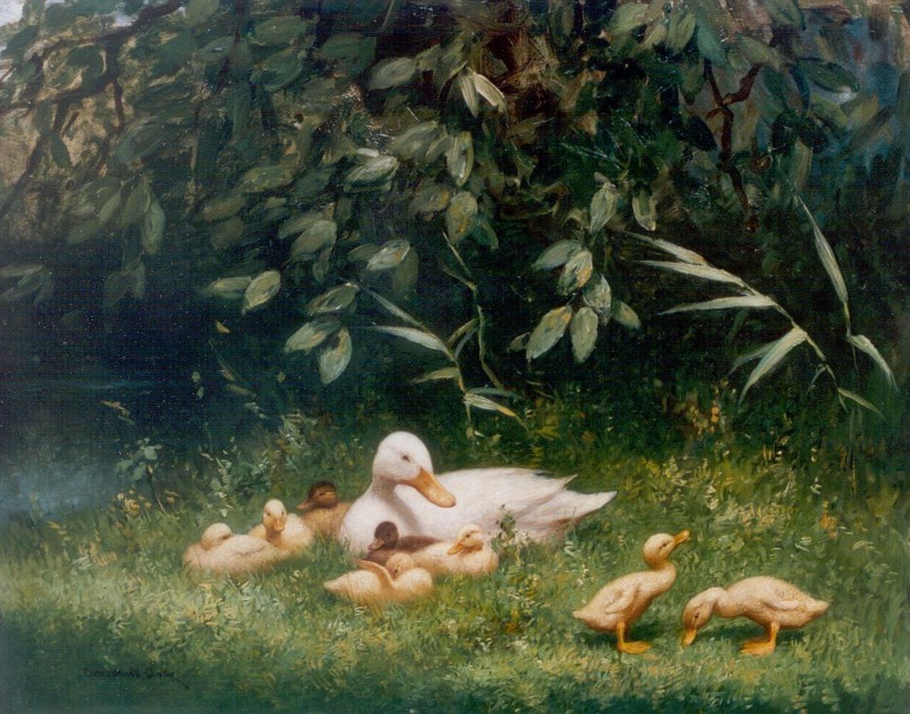 Artz C.D.L.  | 'Constant' David Ludovic Artz, Witte moedereend met 8 kuikens, olieverf op paneel 40,0 x 50,0 cm, gesigneerd linksonder