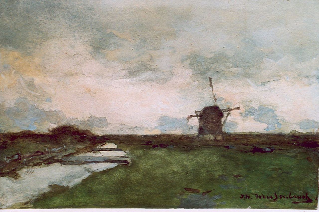 Weissenbruch H.J.  | Hendrik Johannes 'J.H.' Weissenbruch, Polderlandschap met molen, aquarel op papier 14,9 x 23,0 cm, gesigneerd rechtsonder