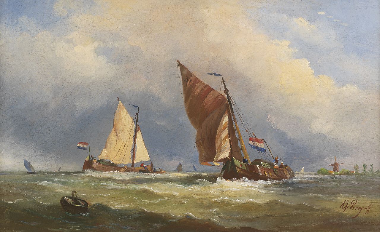 Prooijen A.J. van | Albert Jurardus van Prooijen, Platbodems op woelige zee, olieverf op paneel 34,7 x 55,9 cm, gesigneerd rechtsonder