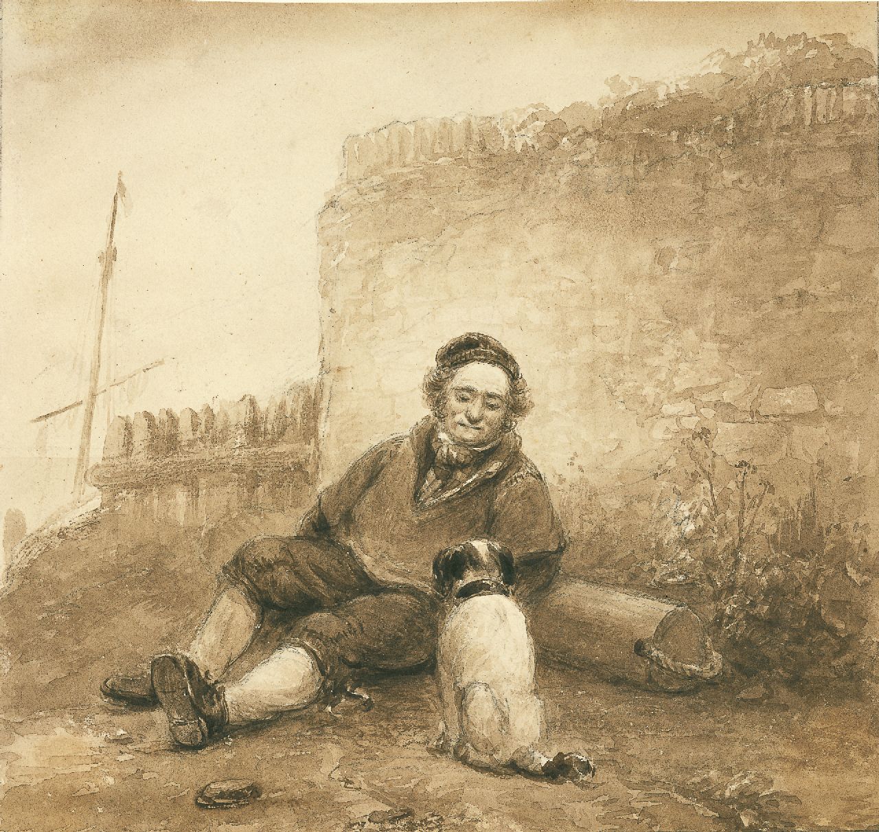 Schelfhout A.  | Andreas Schelfhout, Visser met hond, rustend tegen een kademuur, sepia op papier 19,4 x 21,0 cm, gesigneerd verso
