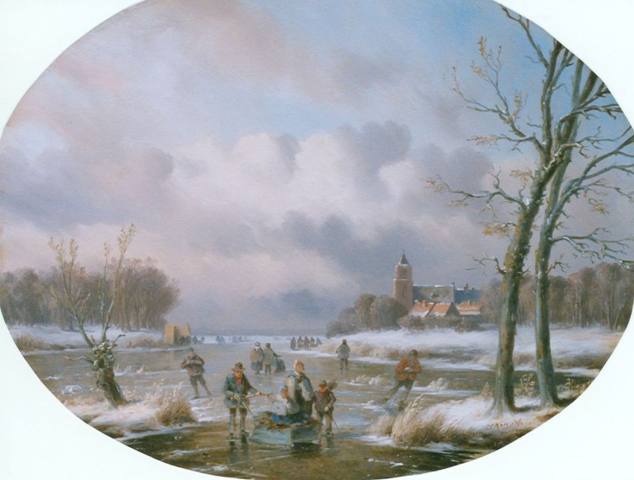 Ahrendts C.E.  | Carl Eduard Ahrendts, Schaatsers en duwslede op een bevroren rivier, olieverf op paneel 31,0 x 39,7 cm, gesigneerd rechtsonder