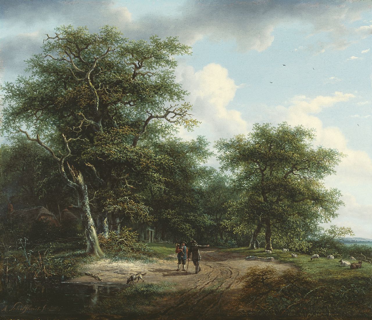 Schelfhout A.  | Andreas Schelfhout, Twee figuren in een zomers landschap, olieverf op paneel 33,9 x 40,0 cm, gesigneerd linksonder en te dateren ca. 1812-1815