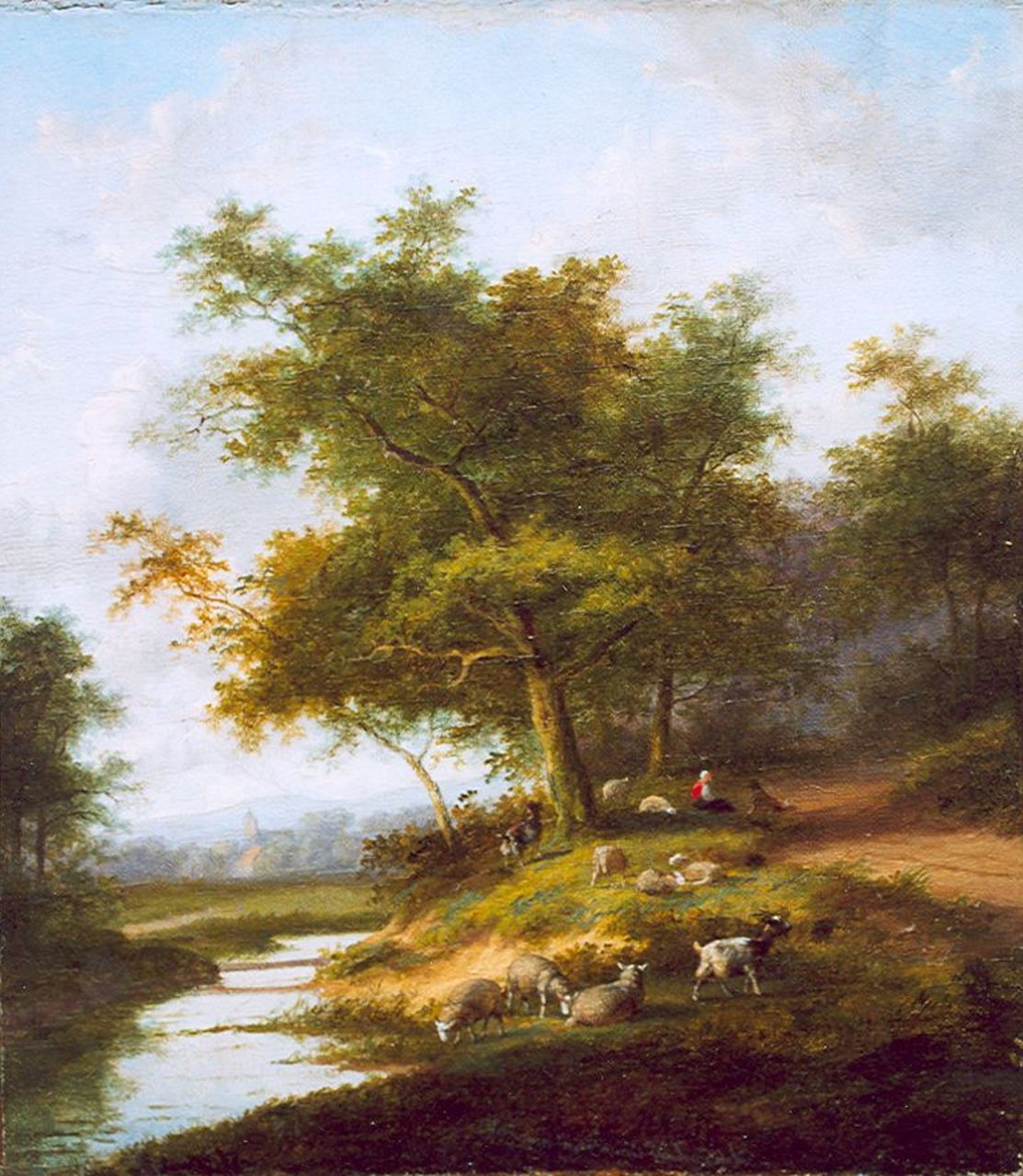 Morel II J.E./Van Severdonck F.   | Morel II J.E./Van Severdonck F., Rustend herderinnetje met haar kudde, olieverf op doek 32,7 x 29,0 cm, gesigneerd middenonder