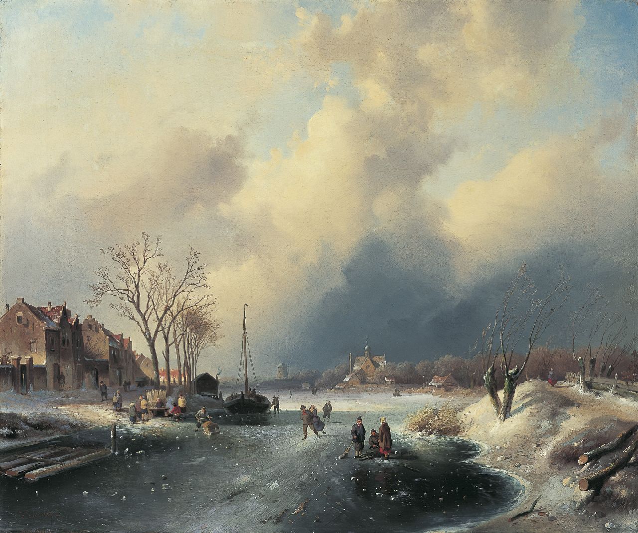 Leickert C.H.J.  | 'Charles' Henri Joseph Leickert, Figuren op het ijs aan de rand van een Hollands stadje, olieverf op doek 59,7 x 71,4 cm, gesigneerd linksonder