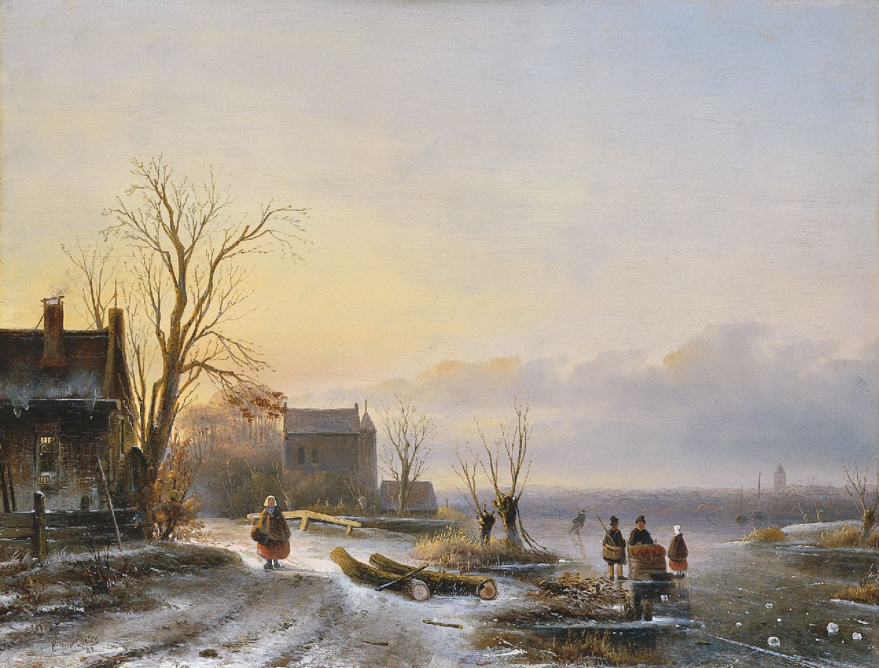 Hoen C.P. 't | Cornelis Petrus 't Hoen, Op het ijs bij ondergaande zon, olieverf op paneel 41,3 x 54,2 cm, gesigneerd linksonder en gedateerd '46