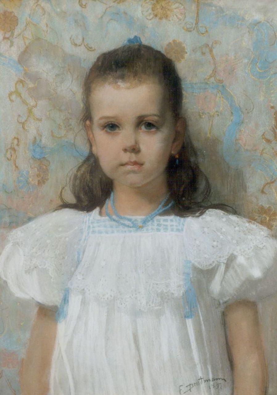 Deutmann F.W.M.  | 'Franz' Wilhelm Maria Deutmann, Portret van jong meisje met witte jurk, pastel op papier 62,5 x 45,0 cm, gesigneerd rechtsonder en gedateerd 1897