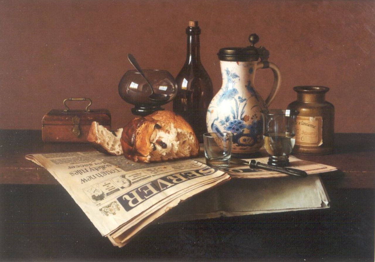 Bubarnik G.  | Gyula Bubarnik, Stilleven met brood, kan en glazen, olieverf op paneel 50,0 x 70,0 cm, gesigneerd rechtsonder