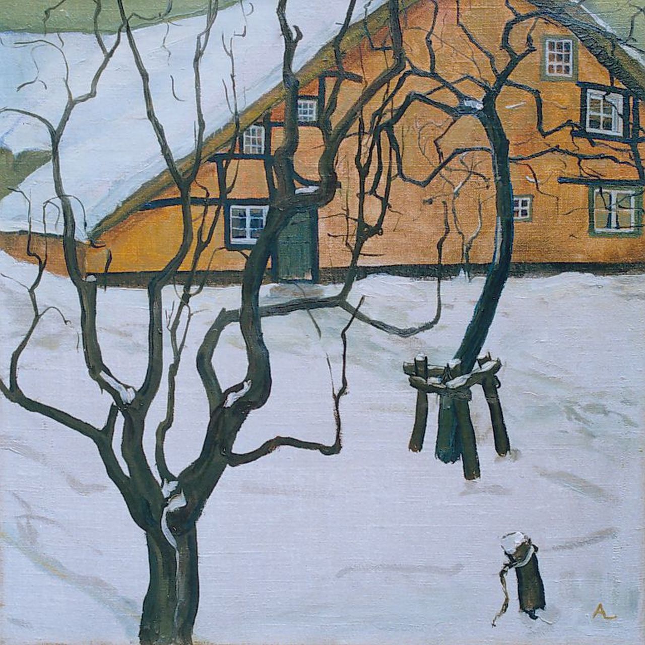 Arie Leeflang | Boerderij in de sneeuw, olieverf op doek, 50,8 x 50,6 cm, gesigneerd r.o. met monogram