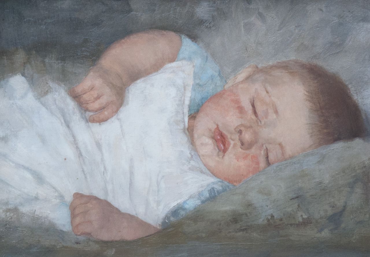 Moes W.W.  | Wilhelmina Walburga 'Wally' Moes, Slapende baby, olieverf op doek 26,5 x 37,0 cm
