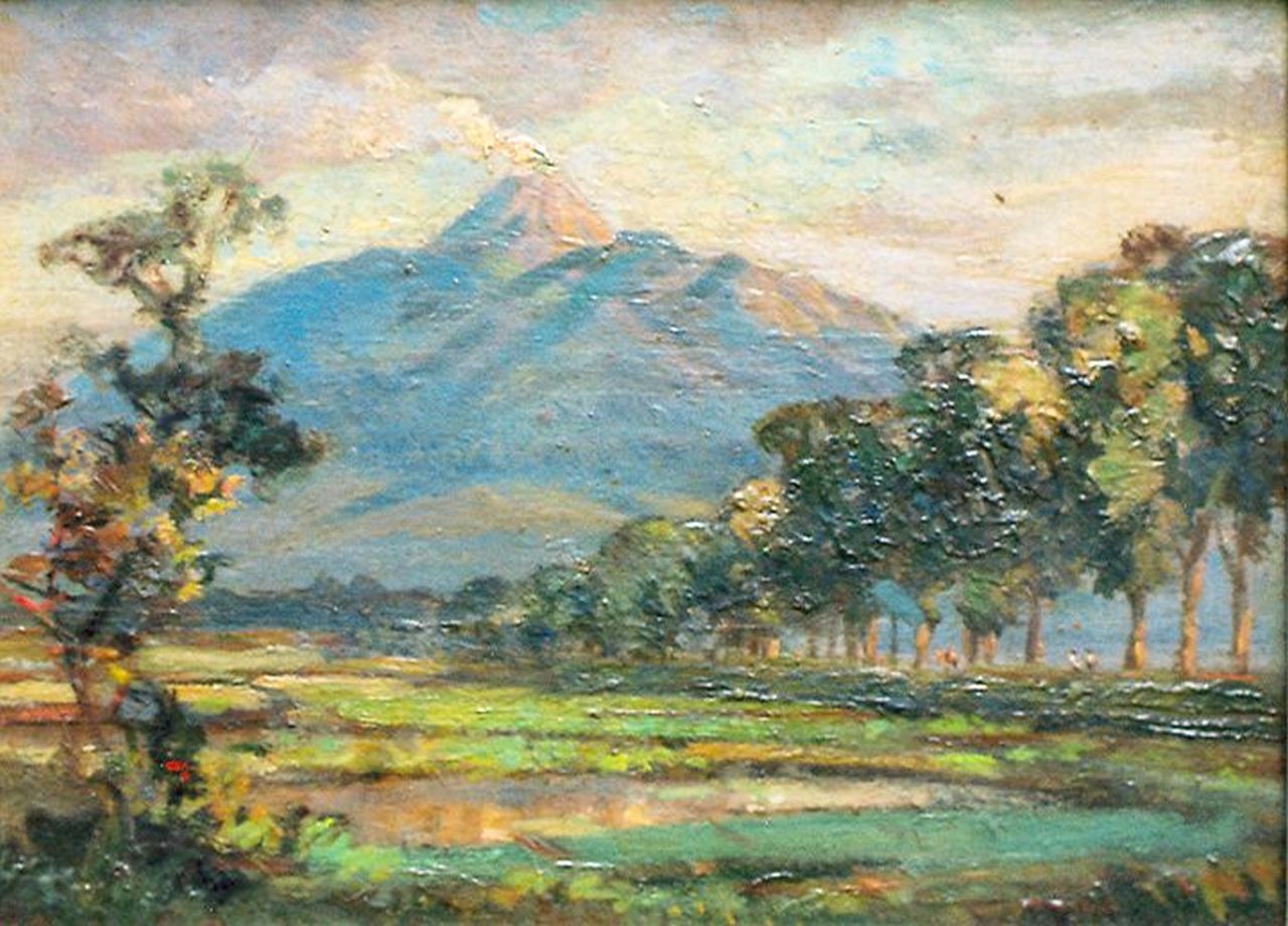 Dezentjé E.  | Ernest Dezentjé, Gezicht op de berg Merapi, olieverf op paneel 21,0 x 28,0 cm