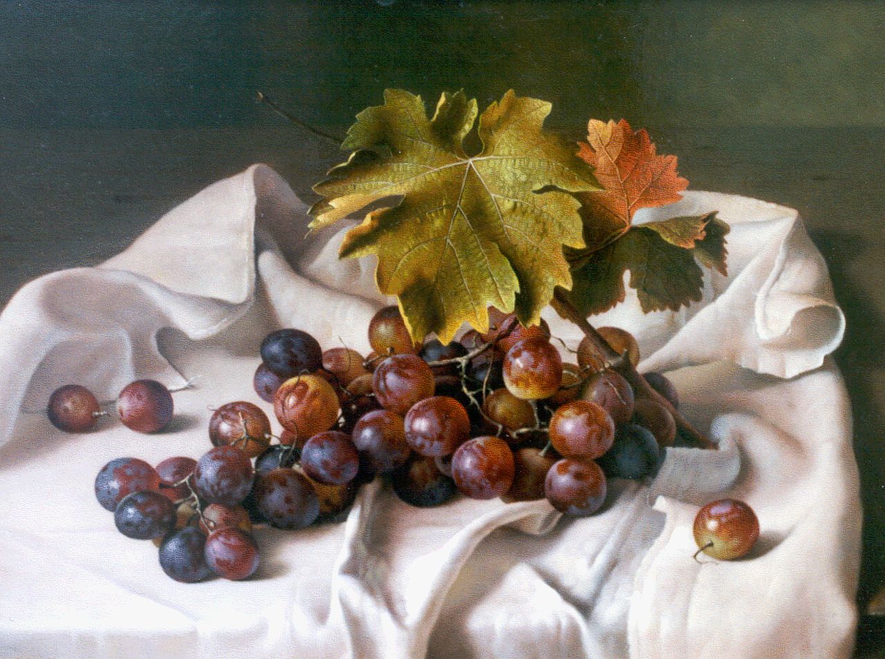 Bubarnik G.  | Gyula Bubarnik, Stilleven met druiven op wit tafellaken, koper 30,0 x 40,0 cm, gesigneerd linksonder