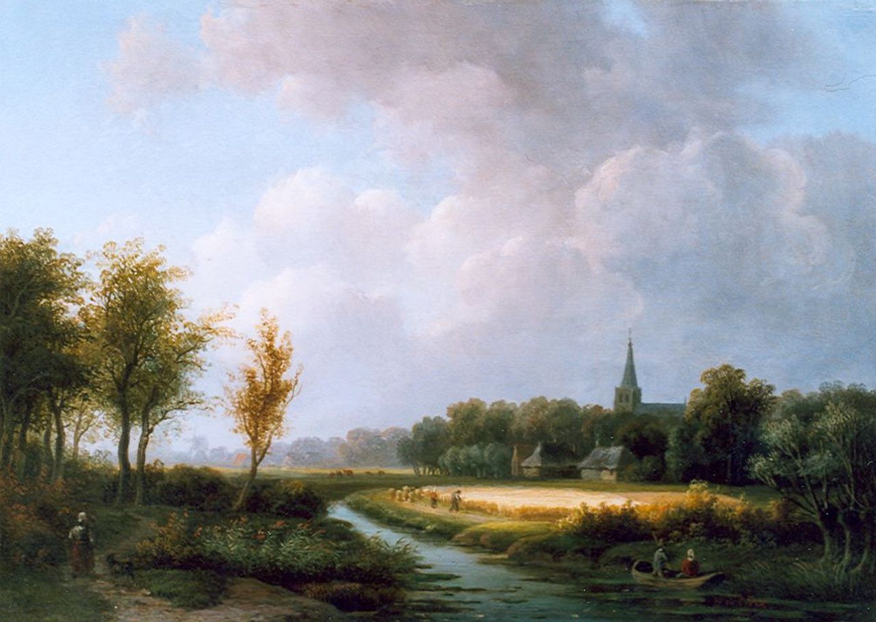 Klerk W. de | Willem de Klerk, Landschap met kerktoren en korenveld, olieverf op paneel 26,5 x 37,3 cm, gesigneerd rechtsonder