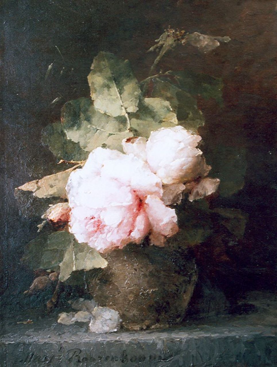 Roosenboom M.C.J.W.H.  | 'Margaretha' Cornelia Johanna Wilhelmina Henriëtta Roosenboom, Roze rozen, olieverf op doek 39,7 x 30,0 cm, gesigneerd linksonder