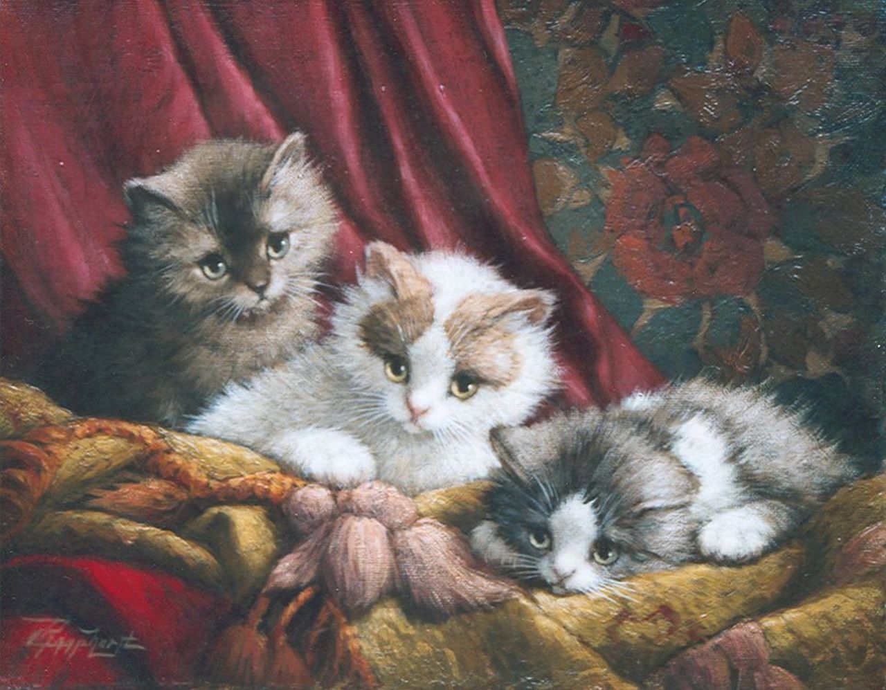 Raaphorst C.  | Cornelis Raaphorst, Drie katjes op een kussen, olieverf op doek 24,2 x 30,2 cm, gesigneerd linksonder