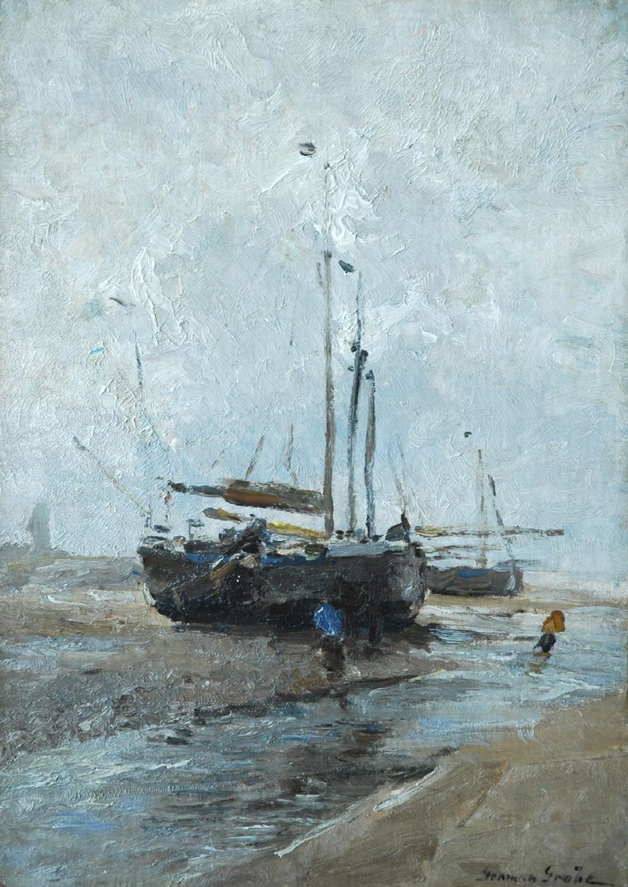 Grobe P.G.  | Philipp 'German' Grobe, Bomschuiten op het strand, olieverf op doek op schildersboard 47,3 x 34,0 cm, gesigneerd rechtsonder