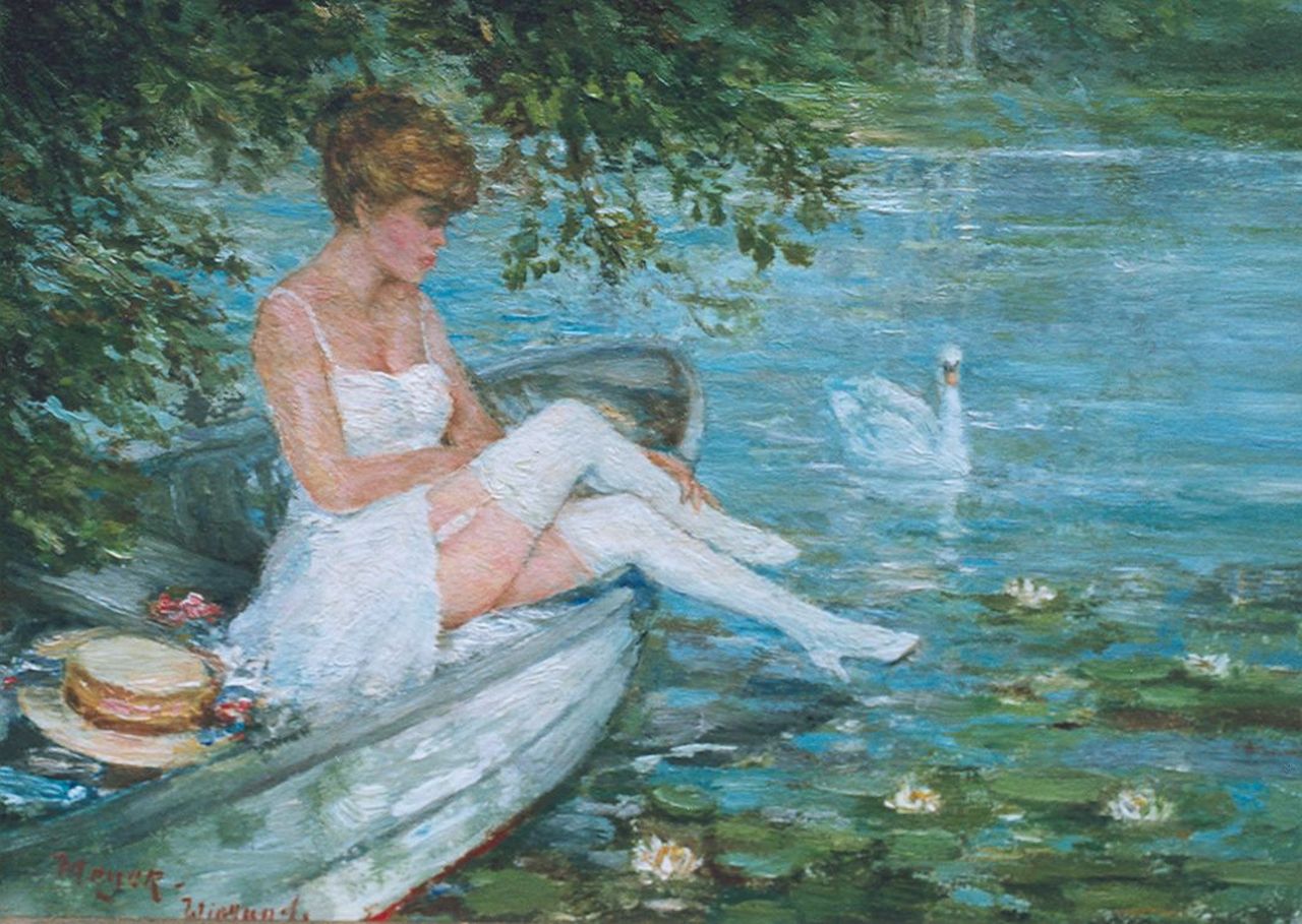 Meyer-Wiegand R.D.  | Rolf Dieter Meyer-Wiegand, Idyllisch tafereeltje op een parkvijver, olieverf op paneel 14,1 x 18,1 cm, gesigneerd linksonder